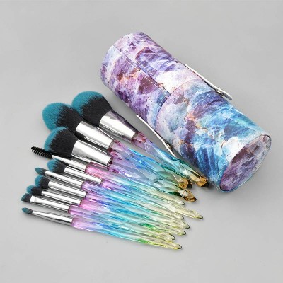 10pcs Rainbow Blue Gradient Diamond Makeup Brush Set Clear Crystal Synthetic Hair Spoolie Brushes With Cool Sky Holder