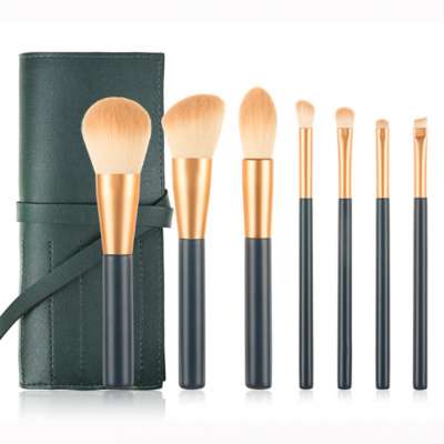 7pcs wood handle synthetic hair makeup brush set with PU bag make up brushes private label